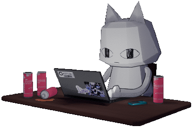 a crappy 3d model of a cat hammering at a laptop keyboard